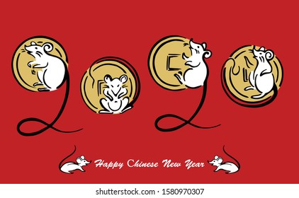 Rat with golden chinese coins. Happy Сhinese New 2020 Year. Text design  Isolated on red background. Rat - Vector rat character set. 