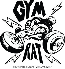 rat gym logo hand drawn in retro vintage style biting barbell dumbbell