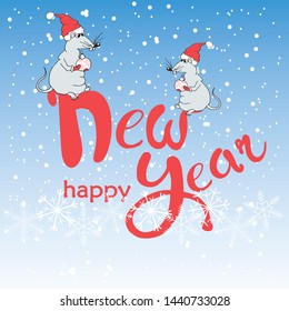 Rat hand drawn sketch, Lettering Happy New Year on blue background. Colorful design cute animal in cap New Year's ball design element stock vector illustration for web, for print