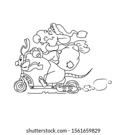 Rat in a hat with a bag on his back, on a scooter with a motor
 .Symbol of the year.On hand-drawn, on a white isolated background.Design for greeting card,banner, coloring.