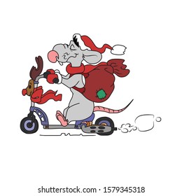 Rat in a hat with a bag on his back, on a scooter with a motor
 .Symbol of the year.On hand-drawn, on a white isolated background.Design for greeting card,banner