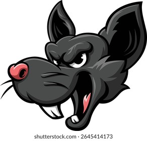Rat head illustration, vector file, black fur, Aggressive face. 