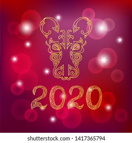 Rat head isolated on red background. Rat is Symbol of Chinese 2020 New Year. Vector illustration.