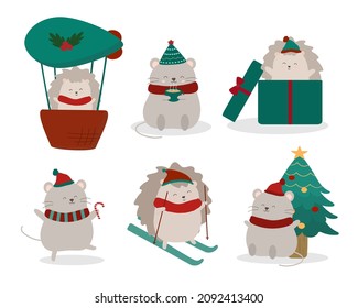 Rat and hedgehog cute cartoon vector kawaii funny character in christmas theme. Design element for invitation card, New Year, Christmas, T-shirt, greeting card, poster, print and publication