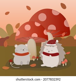 Rat and hedgehog sitting under large mushroom, animal cartoon character vector illustration 