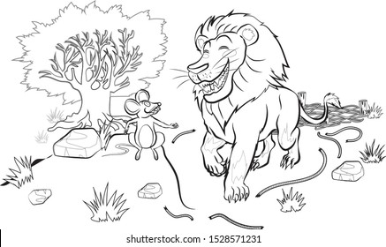 rat help the lion from trap in the jungle