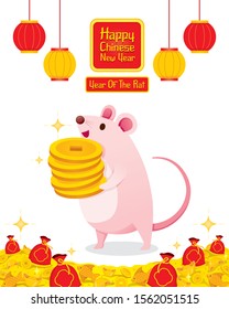 Rat Holding Many Golds Coins In Hands, Happy Chinese New Year 2020, Year Of The Rat, Traditional, Celebration, China, Culture