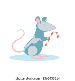 rat holding a striped candy in its paws in the form of a stick. Symbol of Chinese new year. Vector