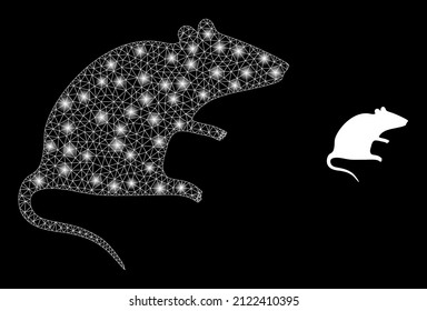 Rat icon and constellation mesh rat structure with illuminated spots. Illuminated constellation generated using rat vector icon and triangle mesh. Sparkle frame rat, on a black background.