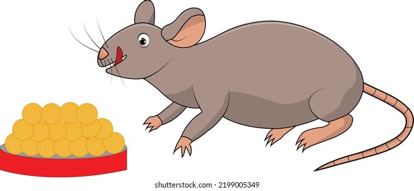 Rat With Indian Laddu Sweets Plate Vector Illustration Graphic