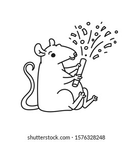Rat lets off fireworks confetti. Cute mouse Chinese new year symbol vector black white outline cartoon isolated illustration.