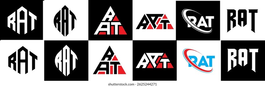 RAT letter logo design in six style. RAT polygon, circle, triangle, hexagon, flat and simple style with black and white color variation letter logo set in one artboard. RAT minimalist and classic logo