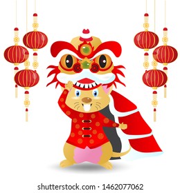 Rat and Lion dance.Chinese New Year Zodiac mice of Animal lucks year 2020 of the rat.objects  for greetings card, flyers, invitation.Vector illustration isolated on a white background.