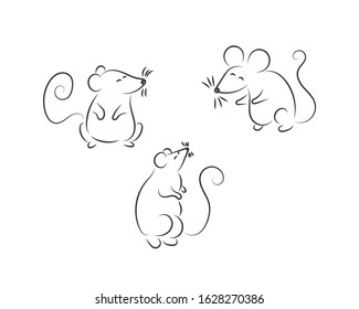 Rat logo graffiti hand drawn icon. Vector illustration with a mouse or rat. Black doodle on white background. Outline hand drawn brush, different animal characters in various poses. EPS 10.