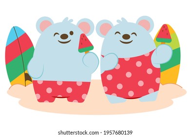 Rat lover enjoy with fruit ice-cream stick on beach, animal cartoon character, vector illustration