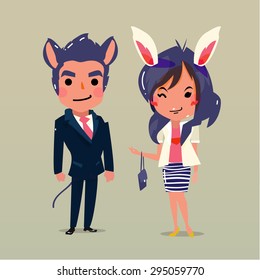 rat man and rabbit girl - vector illustration 