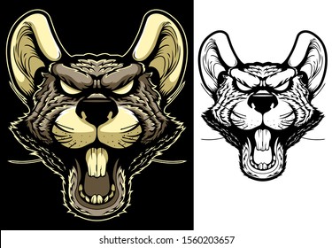 Rat Mascot. Angry Animal Head Vector Badge, Label, Sticker. Evil Rodent T Shirt Print. Ugly Furious Mouse Black Ink And Color Tattoo Design. Dangerous Wild Mammal Hand Drawn Illustration