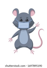 Rat in medical mask. Coronavirus in the year of the Rat 2020. Concept illustration of the coronavirus pandemic. Isolated on white background