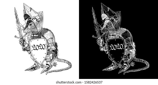 Rat in medieval knight armor with sword and shield. Symbol of New Year 2020 year of an iron rat. Hand drawn illustration for greeting card, invitation, poster, banner, logo, calendar. Black and white.