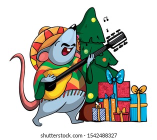 a rat in a Mexican hat sings songs to the guitar. in the background a Christmas tree with gifts