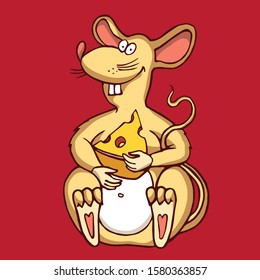 Rat (mouse) with big a slice of cheese sitting. Rat symbol for Chinese new year 2020 in oriental cartoon style. Vector Illustration isolated on red background, printable sticker. The year of rat/mice.