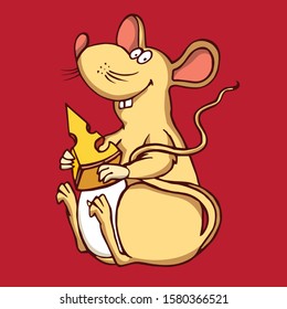 Rat (mouse) with big a slice of cheese sitting. Rat symbol for Chinese new year 2020 in oriental cartoon style. Vector Illustration isolated on red background. The year of rat/mice/mouse. 