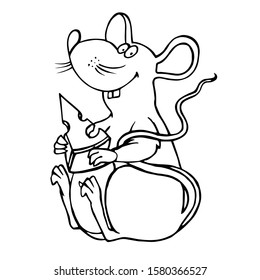 Rat (mouse) with big a slice of cheese sitting. Rat symbol for Chinese new year 2020 in Hand drawn outline drawing style. Vector Illustration on white background, printable sticker, isolated. 