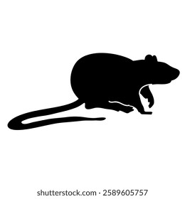 Rat, mouse, black silhouette, side view. Rodent animal with tail, pest profile. Oriental chinese zodiac astrology horoscope symbol. Flat vector hand drawn illustration.