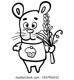 Rat or mouse with a blue T-shirt with a cupcake, animal holds bouquet of flowers. Vector Illustration in Cartoon style. Coloring page adult and kids