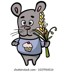 Rat or mouse with a blue T-shirt with a cupcake, animal holds bouquet of flowers. Vector Illustration in Cartoon style