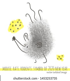 Rat, mouse, cheese. Animal symbol of 2020 new year. Drawn by hand in the style of the sketch. Isolated vector.