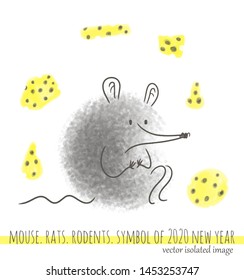 Rat, mouse, cheese. Animal symbol of 2020 new year. Drawn by hand in the style of the sketch. Isolated vector.