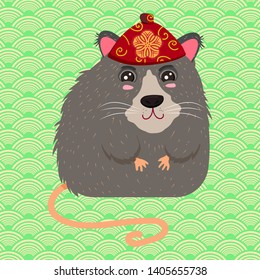 Rat or Mouse Chinese zodiac on Traditional pattern background. Cartoon Illustration