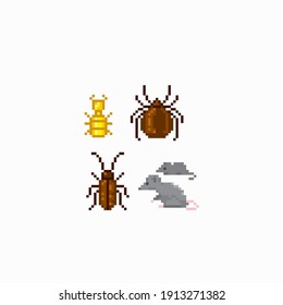 Rat, mouse, cockroach, tick, termite. Household pests. Pixel art. Old school computer graphic. 8 bit video game. Game assets 8-bit sprite. 16-bit.