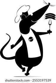 Rat or mouse a cook. Rat or mouse holding a fork with sausages. 
Funny rat or mouse holding a fork with appetite sausages. Black and white illustration
