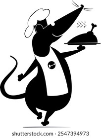 Rat or mouse a cook. Rat or mouse holding a tray with food. Funny rat or mouse holding a tray with meat, duck or chicken. Black and white illustration