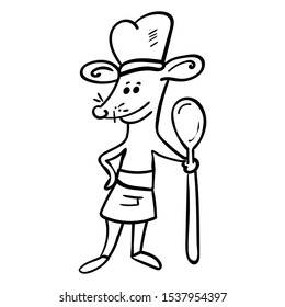Rat or mouse cook with spoon in a cook hat. Coloring page adult and kids.  Cartoon style Vector illustration