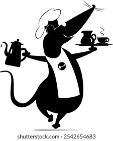 Rat or mouse a cook. Tray, coffee, tea cup, cream, pot. Funny rat or mouse carries a tray with coffee or tea cup and cream in one hand and a tea or coffee pot in another. Black and white illustration