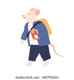 Rat or mouse cub in clothes with schoolbag. Animalistic childish character walking and hold students book. Cute school pupil. Flat vector cartoon illustration. Funny animal in jacket isolated on white