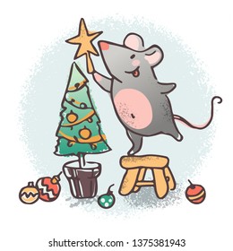 Rat or mouse decorating Christmas tree. Cute hand drawn vector character. 2020 year of the rat symbol