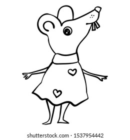 Rat or mouse in a dress with hearts. Coloring page adult and kids. Vector Illustration in Cartoon style
