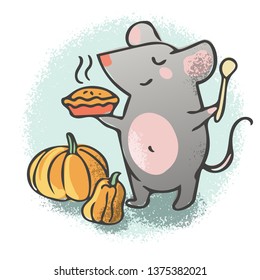 Rat or mouse enjoying baking pumpkin pie. Cute hand drawn vector character. 2020 year of the rat symbol