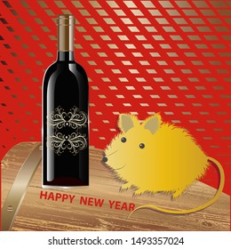 Rat, mouse fluffy, cartoon, bottle of wine, barrel - red with golden geometric pattern background - vector. Congratulation 2020. Happy New Year.