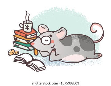 Rat or mouse with glasses spending winter night reading books and drinking tea. Cute hand drawn vector character. 2020 year of the rat symbol