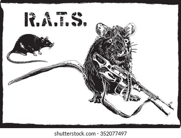 An rat, (mouse) with a gun (machine gun). An hand drawn vector. Freehand sketch, no tracing - just freehand. Editable by objects and groups. Drawing on white. 