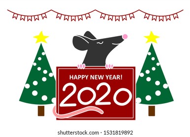 A Rat Or Mouse Holds A New Year, Christmas Poster With Congratulations, With Numbers 2020. A Cute Smiling Rat Or Mouse On A White Background, Next To 2 Christmas Trees, From Above A Garland Of Flags. 