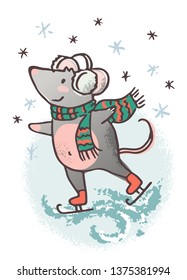 Rat or mouse ice skating on a winter day. Cute hand drawn vector character. 2020 year of the rat symbol