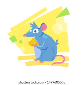 Rat or mouse keeps cheese in his paws Vector. Cartoon. Isolated art on white background. Flat
