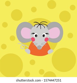 Rat or mouse looking from the hole in the cheese. Symbol of the new year 2020. Cartoon style digital drawing, vector illustration