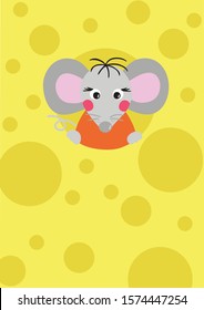 Rat or mouse looking from the hole in the cheese, copy space for text. Symbol of the new year 2020. Cartoon style digital drawing, vector illustration